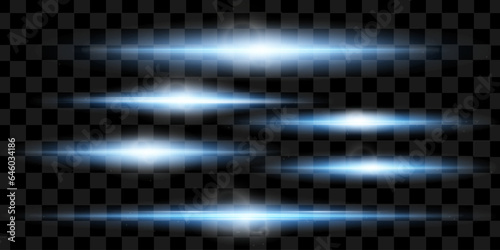 Blue horizontal lens flares pack. Laser beams, horizontal light rays.Beautiful light flares. Glowing streaks on dark background. Collection effect light blue line png.
