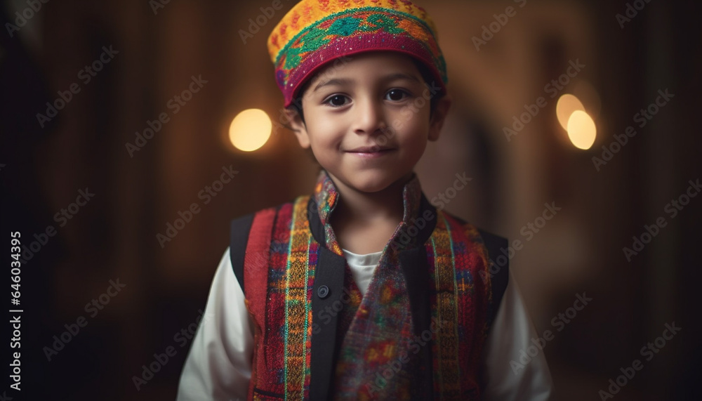 Cute boys in traditional clothing celebrate with cheerful smiles indoors generated by AI