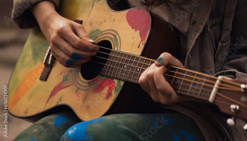 One Caucasian guitarist plucking an acoustic guitar, enjoying leisure activity generated by AI