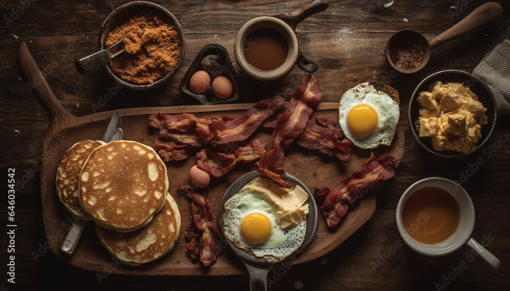 Rustic homemade meal on wooden table with bacon and fried egg generated by AI