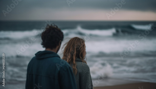 Young couple embraces, standing on coastline, enjoying sunset together generated by AI © Stockgiu