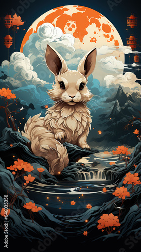 Mid-Autumn Festival Full Moon and Rabbit Background,created with generative ai tecnology