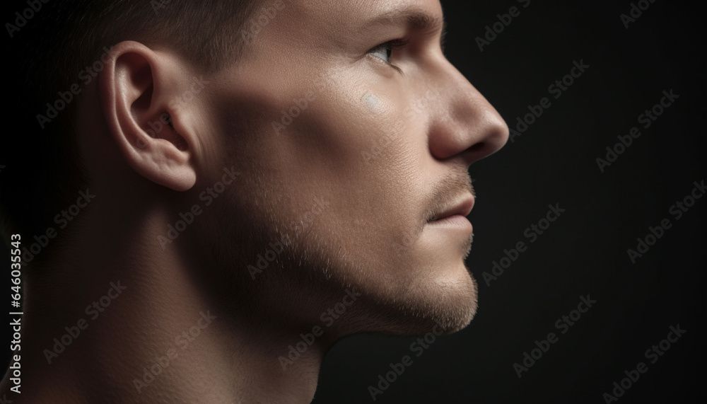 Serene young adult male with brown hair in close up portrait generated by AI Serene young adult male with brown hair in close up portrait generated by AI