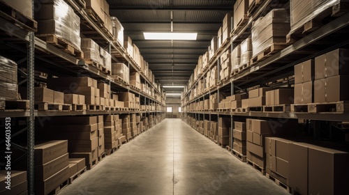 A Large Clean Warehouse with Shelfs Carboard Boxes and Products, generative ai