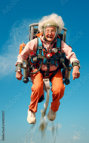 Funny and smiling elderly woman use a jetpack, the sky on background