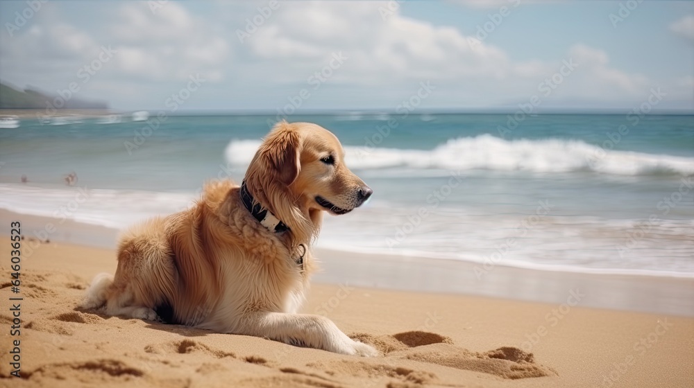 Golden Retriever Dog Is On Summer Vacation At Seaside Resort And Relaxing Rest On Summer Beach Of Hawaii