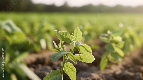 Green Soybean Plant Closeup on a Farm During the Growing Season Rows of Young Soybean Plants