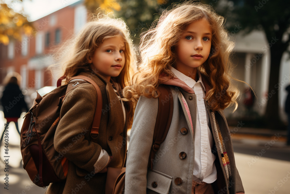 two little girls going to school, candid