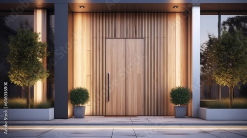 Modern House Facade Main Entrance of Living Building Door of Luxury Building with Backyard in Front