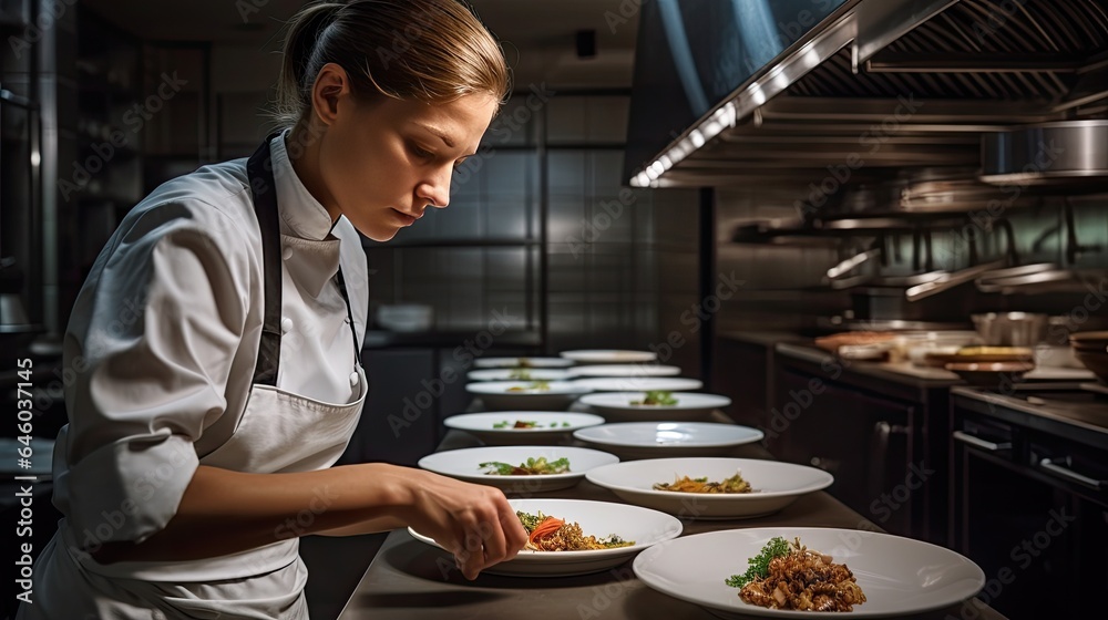  Photogenic Woman Expertly Preparing a Dish in High - End Restaurant Kitchen