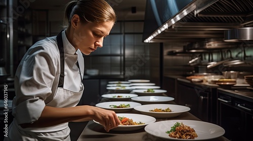  Photogenic Woman Expertly Preparing a Dish in High - End Restaurant Kitchen