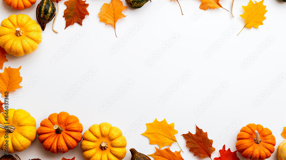 Fototapeta premium Harvest or fall texture for Thanksgiving. Pumpkins, leaves and warm colors. Isolated on white background with copy space.
