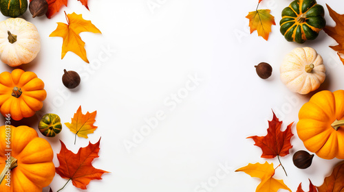 Harvest or fall texture for Thanksgiving. Pumpkins, leaves and warm colors. Isolated on white background with copy space.