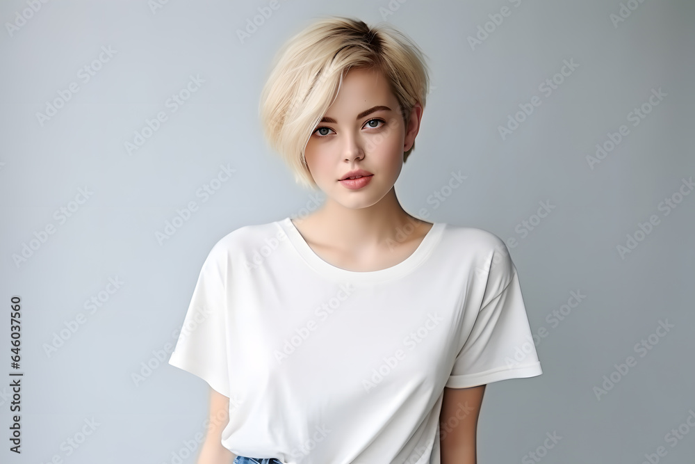 Young beautiful blond woman model with haircut hair in white t-shirt posing on light grey background Young beautiful blond woman model with haircut hair in white t-shirt posing on light grey background