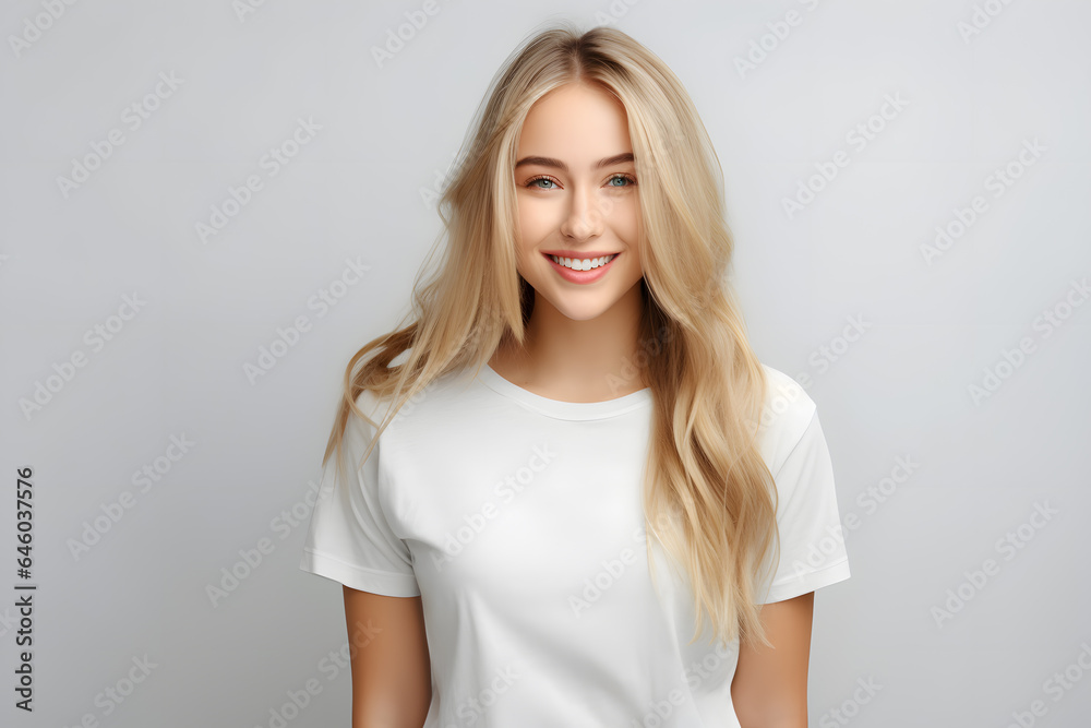 Young beautiful blond woman model with long hair in white t-shirt posing on light grey background Young beautiful blond woman model with long hair in white t-shirt posing on light grey background