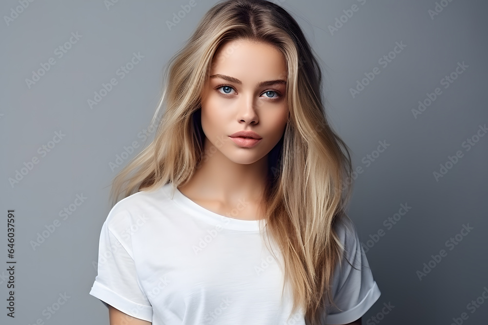 Young beautiful blond woman model with long hair in white t-shirt posing on light grey background Young beautiful blond woman model with long hair in white t-shirt posing on light grey background