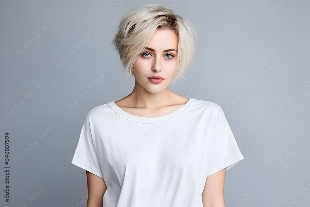Young beautiful blond woman model with haircut hair in white t-shirt posing on light grey background Young beautiful blond woman model with haircut hair in white t-shirt posing on light grey background