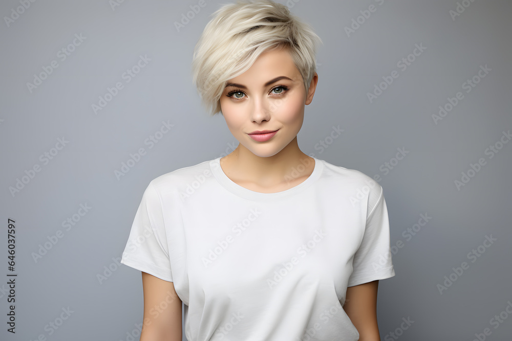 Young beautiful blond woman model with haircut hair in white t-shirt posing on light grey background