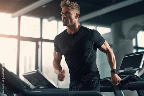 Young man in sportswear running on treadmill at gym  man workout in gym healthy lifestyle