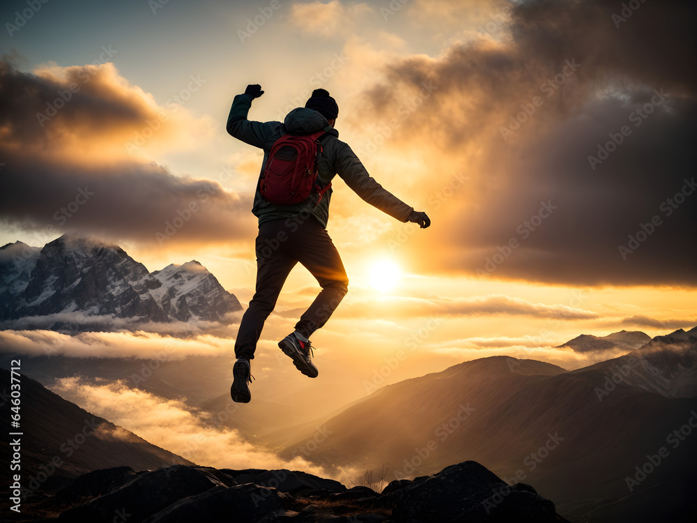 Man jumping in the air against the background of a beautiful mountain landscape. Generative ai