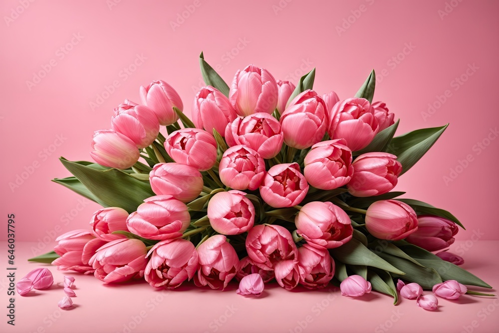 Bouquet of pink tulips with bow on a pink background. ai generative Bouquet of pink tulips with bow on a pink background. ai generative
