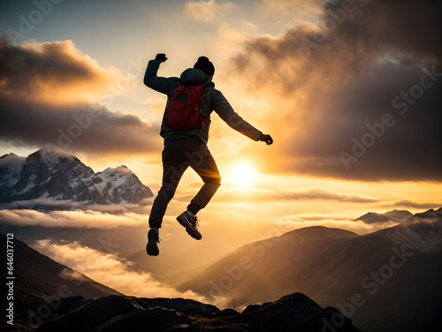Man jumping in the air against the background of a beautiful mountain landscape. Generative ai