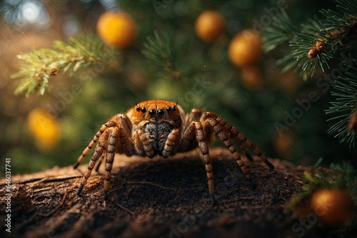 Big spider on a web focusing on a spider in the pine. ai generative