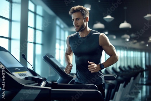 Young man in sportswear running on treadmill at gym, man workout in gym healthy lifestyle