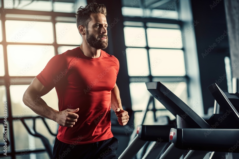 Young man in sportswear running on treadmill at gym, man workout in gym healthy lifestyle Young man in sportswear running on treadmill at gym, man workout in gym healthy lifestyle