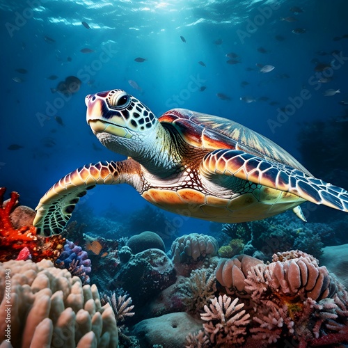 green sea turtle in ocean water, sea life concept 