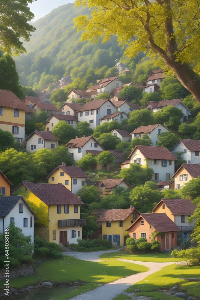Village in the mountains. Generative AI.