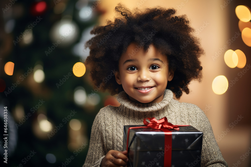 little blac kboy holding a big Christmas gift with bokeh and Christmas tree in the background. little blac kboy holding a big Christmas gift with bokeh and Christmas tree in the background.