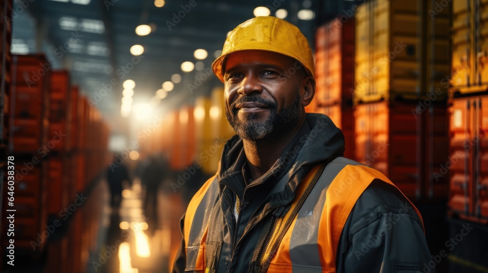 In a container yard in front of shipping containers, a logistics coordinator manages port operations, ensuring cargo delivery is timely and efficient