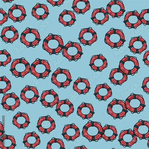 Vintage lifebuoy with rope sketch seamless pattern. Hand drawn life ring in engraving style wallpaper.