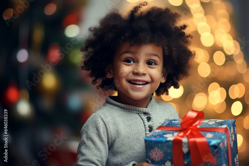 little blac kboy holding a big Christmas gift with bokeh and Christmas tree in the background. © World of AI