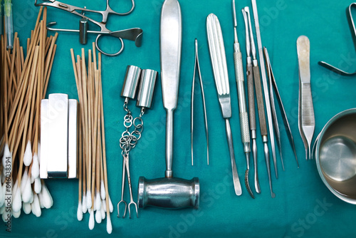 Top view  Surgical tools and equipment on green cloth. Sterilized