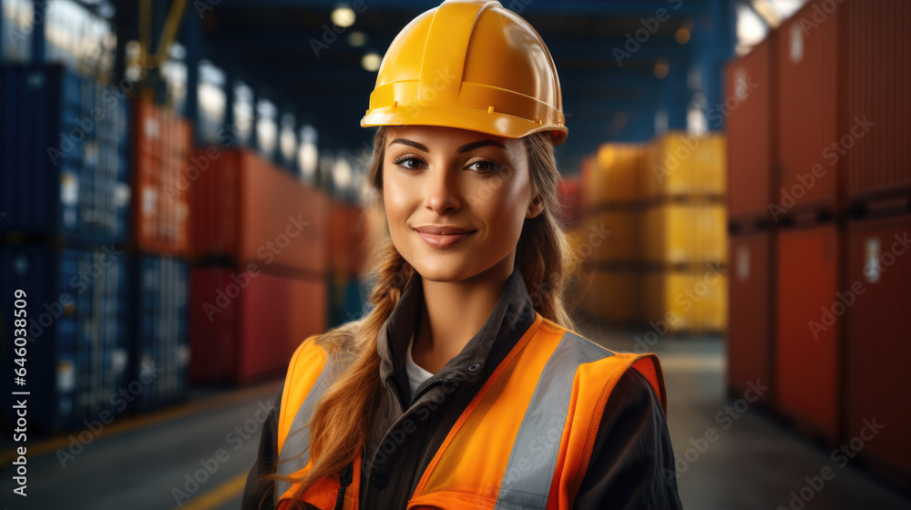 In a container yard in front of shipping containers, a logistics coordinator manages port operations, ensuring cargo delivery is timely and efficient