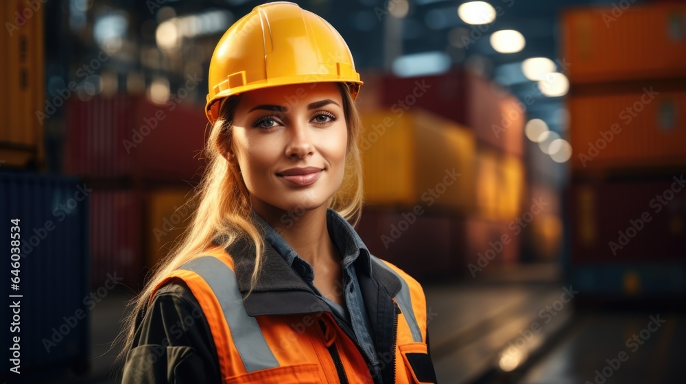 In a container yard in front of shipping containers, a logistics coordinator manages port operations, ensuring cargo delivery is timely and efficient In a container yard in front of shipping containers, a logistics coordinator manages port operations, ensuring cargo delivery is timely and efficient