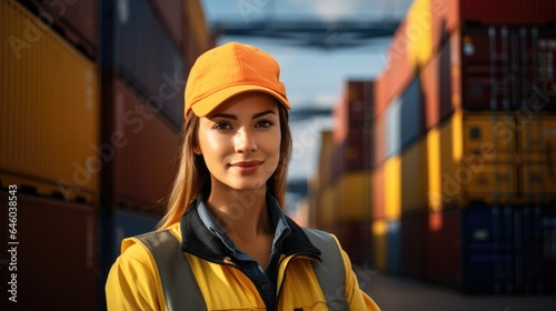 In a container yard in front of shipping containers, a logistics coordinator manages port operations, ensuring cargo delivery is timely and efficient © ND STOCK