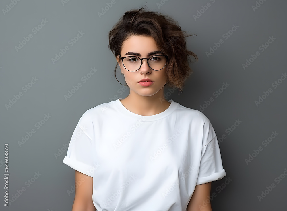 Young beautiful brunette woman model in white t-shirt and jeanse posing on light grey background