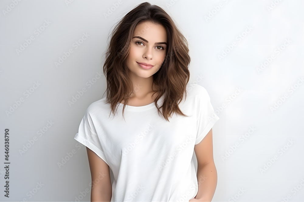 Young beautiful brunette woman model in white t-shirt and jeanse posing on light grey background Young beautiful brunette woman model in white t-shirt and jeanse posing on light grey background