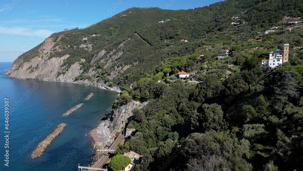 Europe, Italy, Framura is a little sea village in Liguria close to 5 terre ( five island )  - drone aerial view of mediterranean coast - natural harbour and beach 
