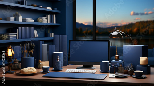 desk mockup equipped with blue