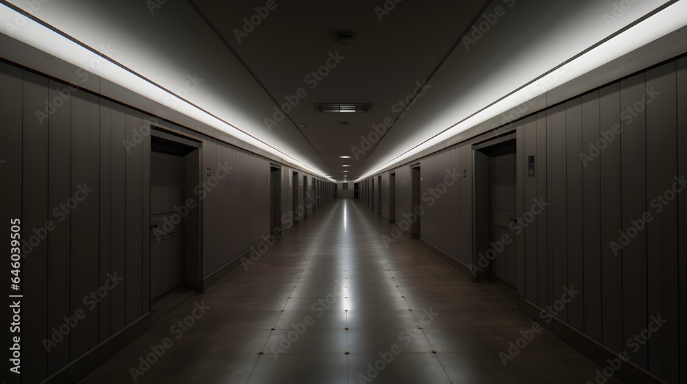 Vue en perspective d'un couloir  gris vide, généré par IA