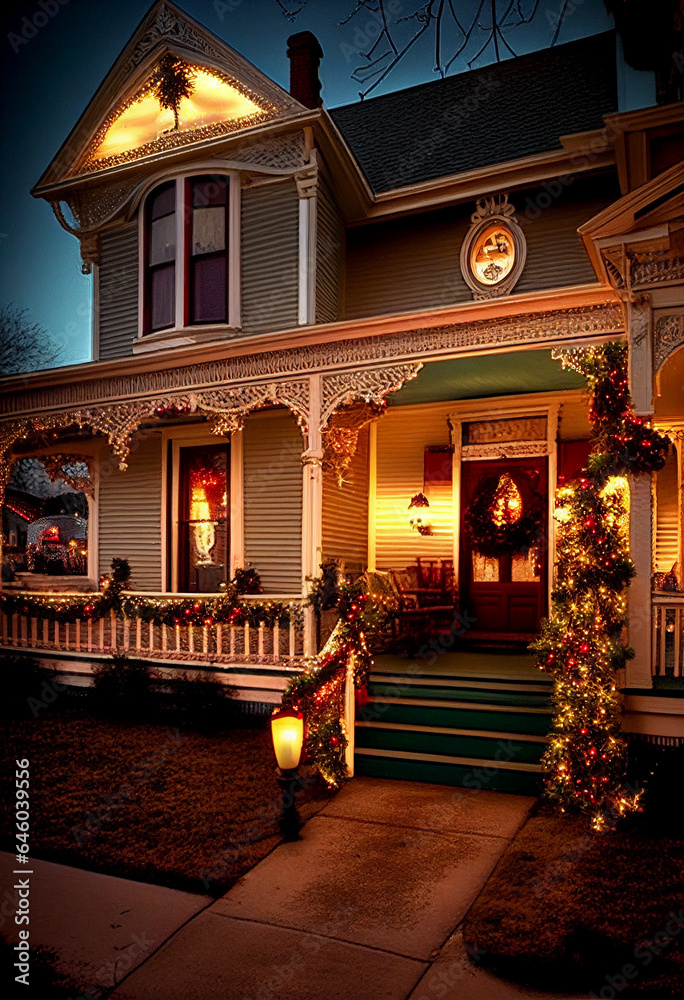 Typical terrace of an American cottage decorated for Christmas. AI Generated