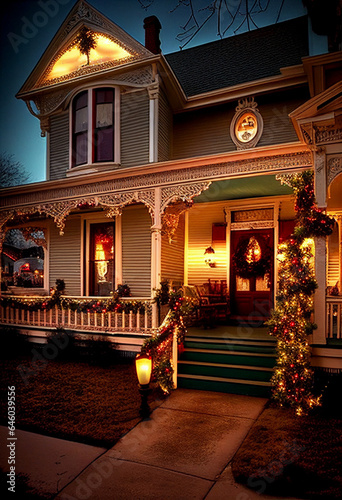 Typical terrace of an American cottage decorated for Christmas. AI Generated © StockMediaProduction