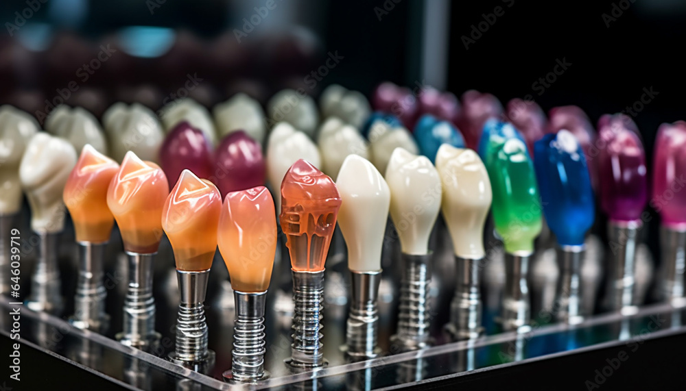 Metallic dental equipment in a row, manufacturing industry working background generated by AI Metallic dental equipment in a row, manufacturing industry working background generated by AI
