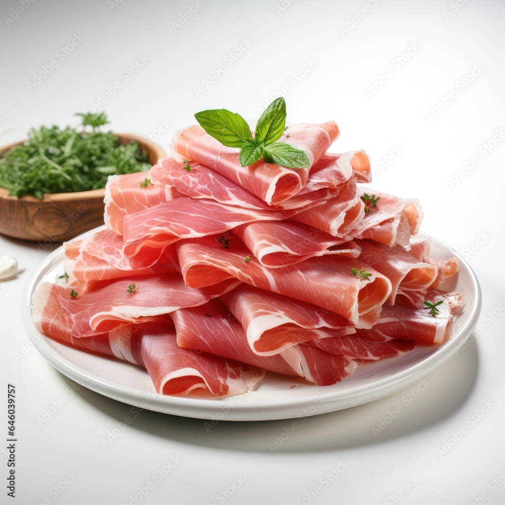 thinly sliced jamon with green leaves on a plate on the table. 
