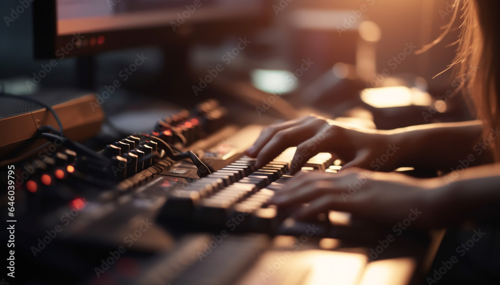 The musician skillful hand plays the piano in the nightclub generated by AI The musician skillful hand plays the piano in the nightclub generated by AI