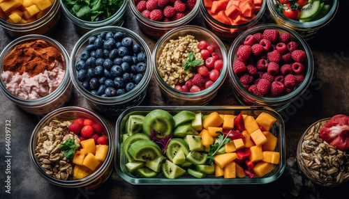Colorful berry bowl with organic veggies, granola, and yogurt dessert generated by AI